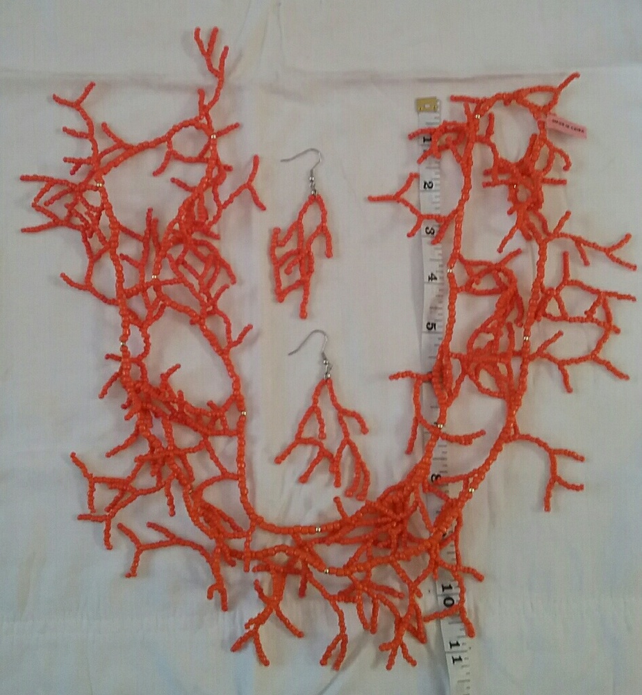 Orange Seed Bead Branching Necklace & Earring Set